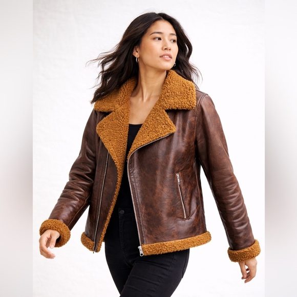 Zara Jackets & Blazers - Zara Brown Faux Leather Shearling Jacket Size XL Aviator Biker Cozy Core